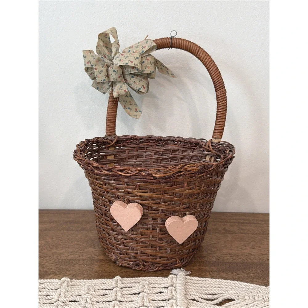 Wall Hanging Basket Heart Motif Bow Handle Cottage Country Grandmacore Cabin